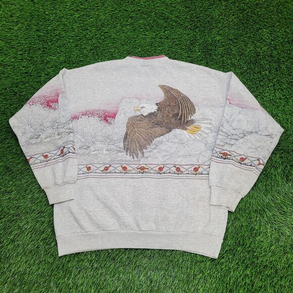 Vintage 90s Artisans Eagle AOP Sweatshirt L/XL 23x26 Janelle-Thompson - Picture 2 of 16